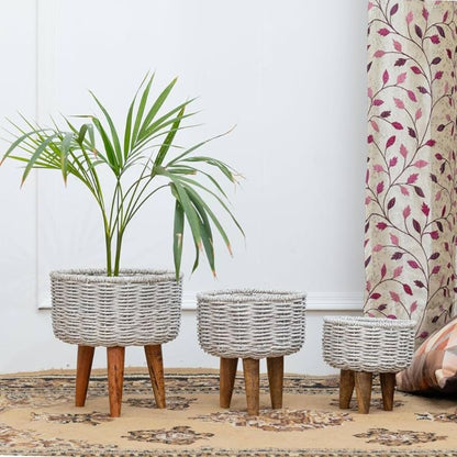 Jute Plant Stands With Wooden Legs & Metal Frame | Pack of 3