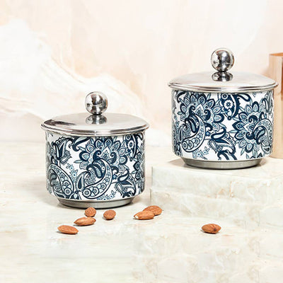 Stylish Blue Paisley Stainless Steel Stoarage Jars | Set of 2 | 500 ml | 4 x 3 inches