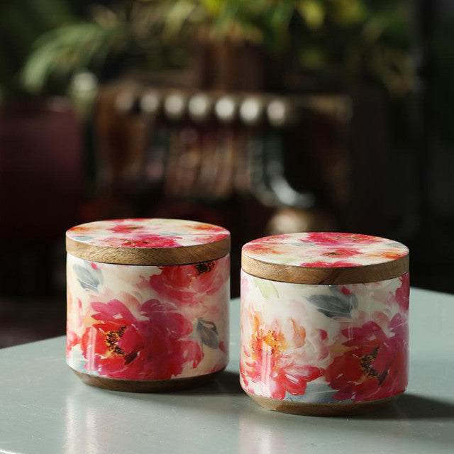 Flower Design Enamelled Dry Fruit Wooden Jar | Set Of 2 | 4 inches