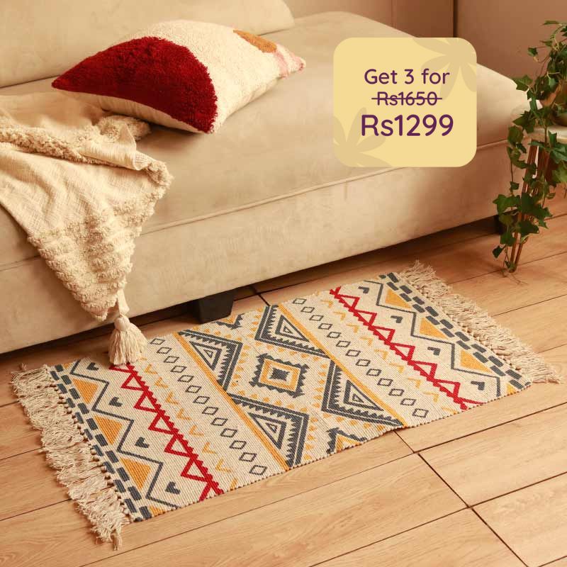 Trio Multicolor Printed Cotton Dhurrie | Floormat | 33 x 21 Inches - Dusaan