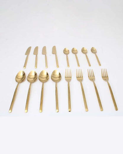 Artisan Dot Hammered Cutleries | Set Of 16 Gold