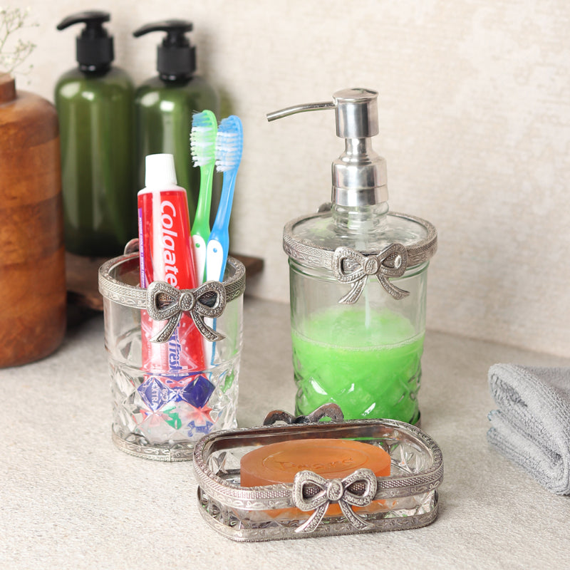 Antique Bow Tied Glass Bathroom | Set Of 3 Silver