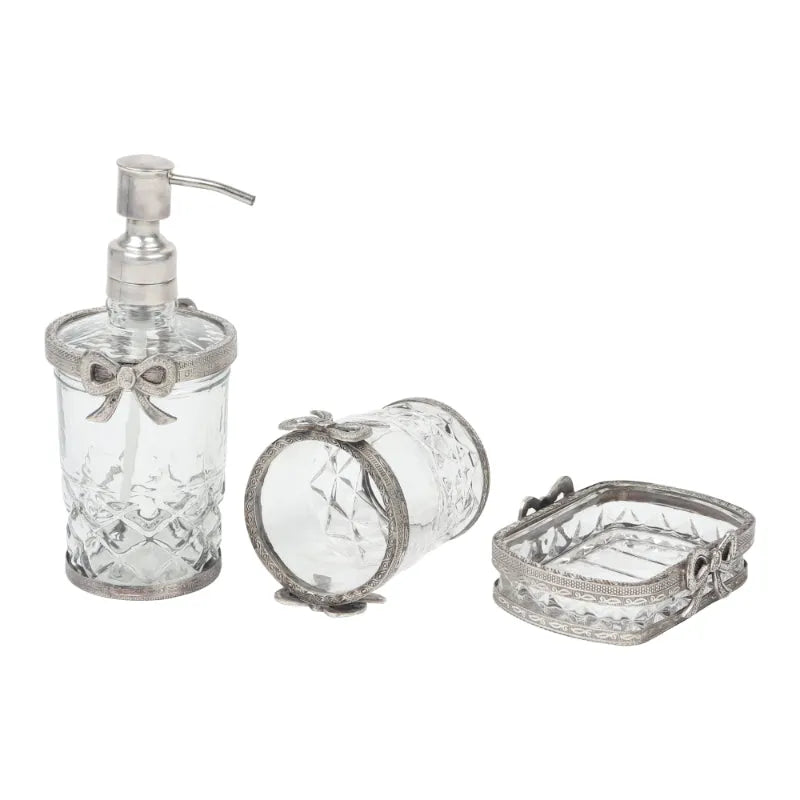 Antique Bow Tied Glass Bathroom | Set Of 3 Silver