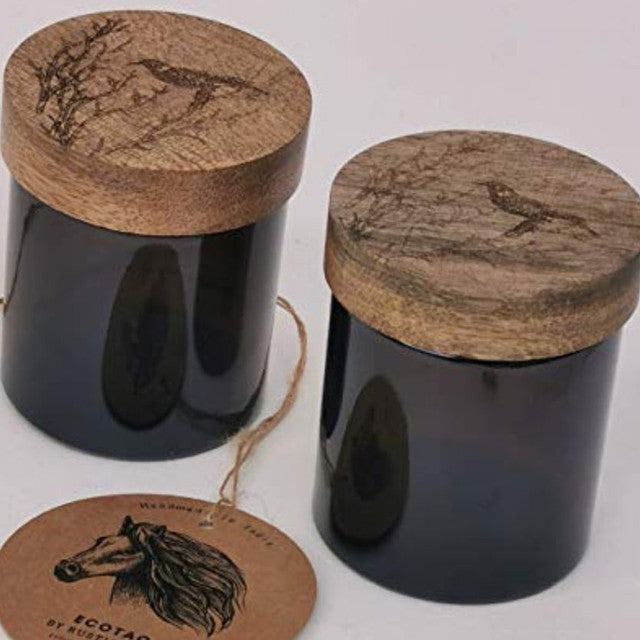 Perchid Bird Artsy Wood And Glass Kitchen Jars For Storage | Set Of 2 | 100 ml