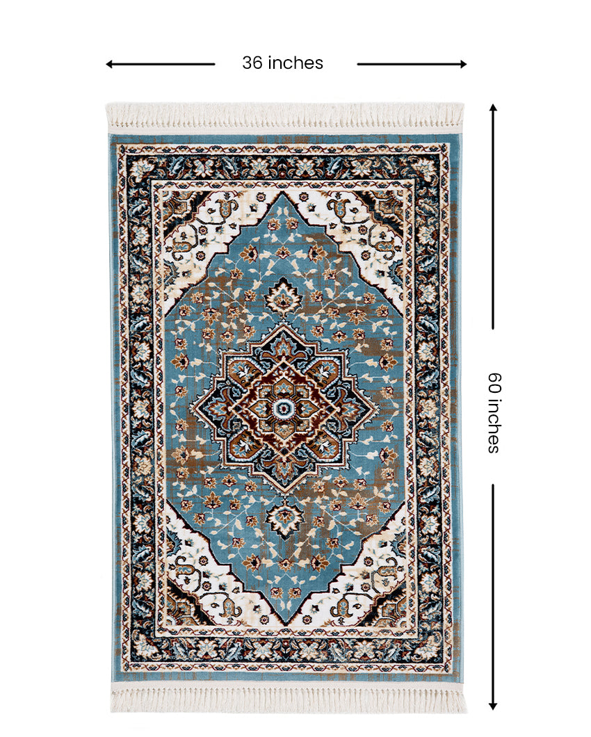 Vibrant Striped Turquoise Blue & Cream Polyester Gulmarg Area Carpet