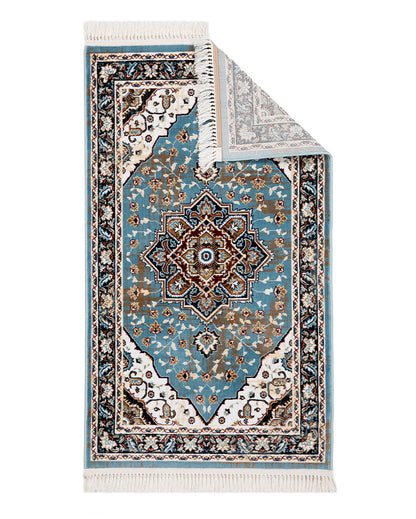 Vibrant Striped Turquoise Blue & Cream Polyester Gulmarg Area Carpet