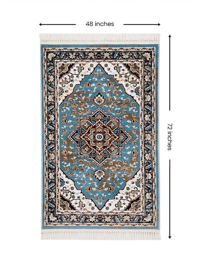 Vibrant Striped Turquoise Blue & Cream Polyester Gulmarg Area Carpet