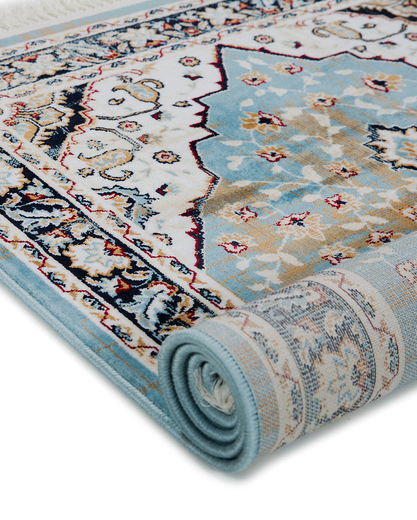 Vibrant Striped Turquoise Blue & Cream Polyester Gulmarg Area Carpet