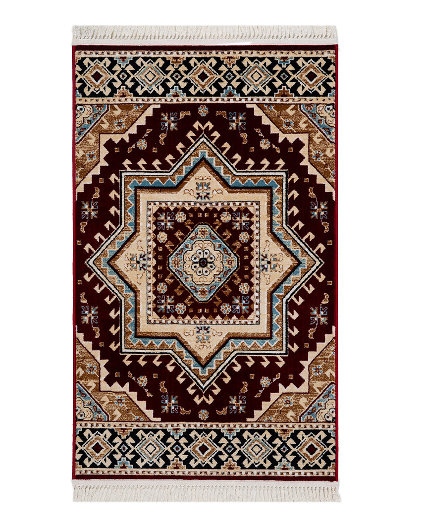 Elegant Embellished Burgundy & Beige Polyester Gulmarg Area Carpet