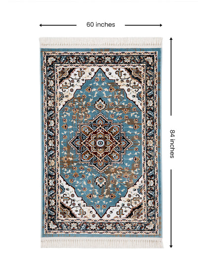 Vibrant Striped Turquoise Blue & Cream Polyester Gulmarg Area Carpet