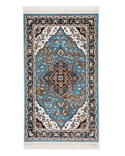 Vibrant Striped Turquoise Blue & Cream Polyester Gulmarg Area Carpet