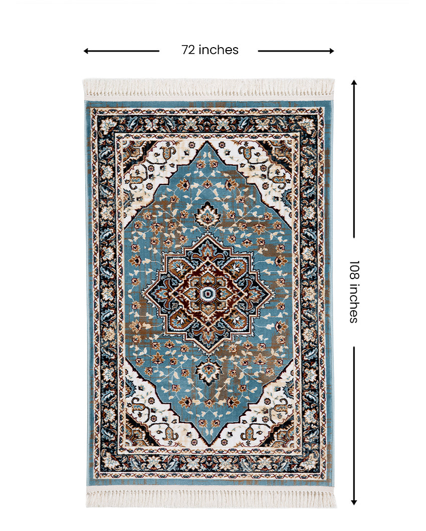 Vibrant Striped Turquoise Blue & Cream Polyester Gulmarg Area Carpet