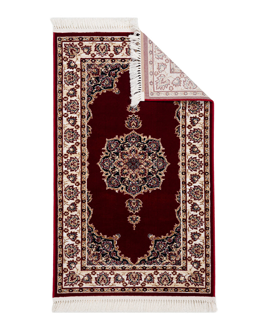 Regal Ornate Burgundy & Cream Polyester Gulmarg Area Carpet