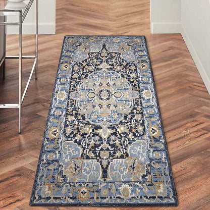 Ornate Medallion Neo Classical Bedside Blue Polyester Floor Runner