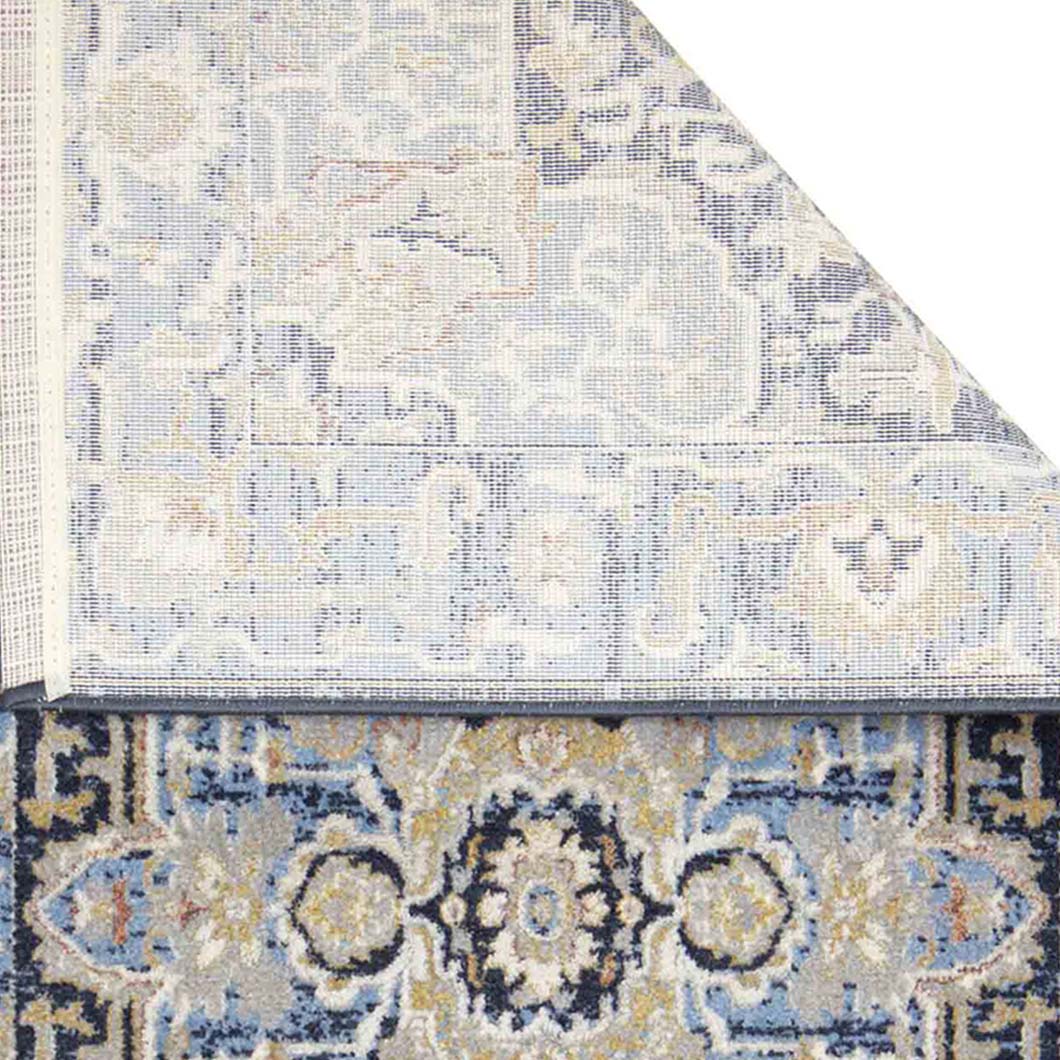 Ornate Medallion Neo Classical Bedside Blue Polyester Floor Runner