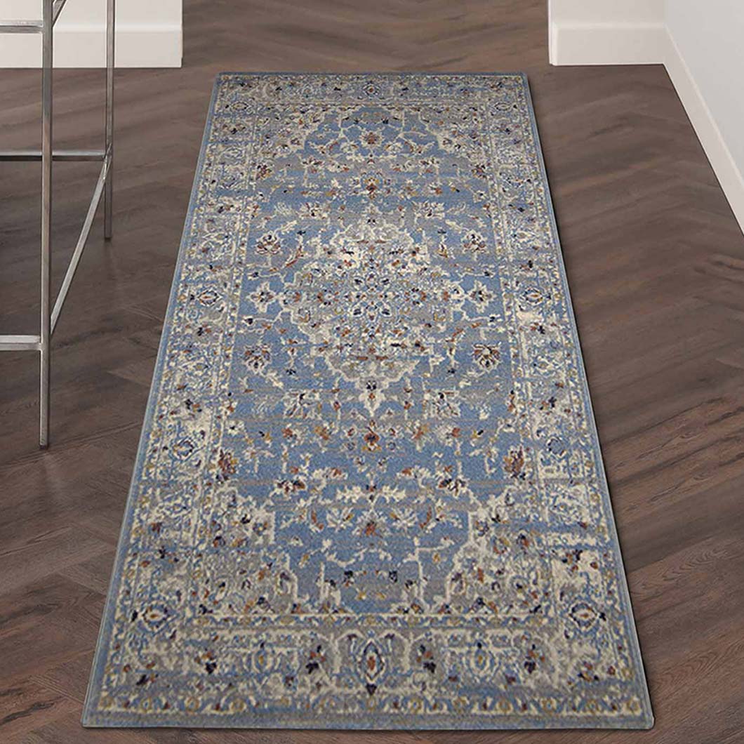 Classic Neo Classical Bedside Blue Polyester Floor Runner