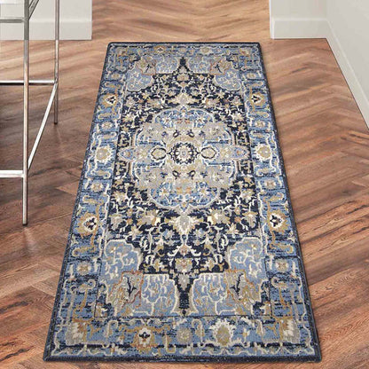 Ornate Medallion Neo Classical Bedside Blue Polyester Floor Runner