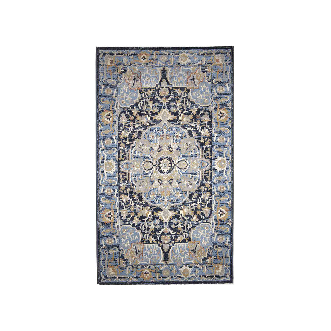 Ornate Medallion Neo Classical Bedside Blue Polyester Floor Runner