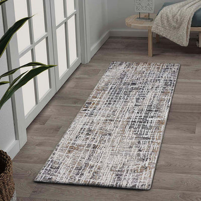 Abstract Beige Bedside Beige and Charcoal Polypropylene Floor Runner