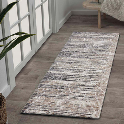 Elegant Abstract Bedside Beige and Grey Polypropylene Floor Runner