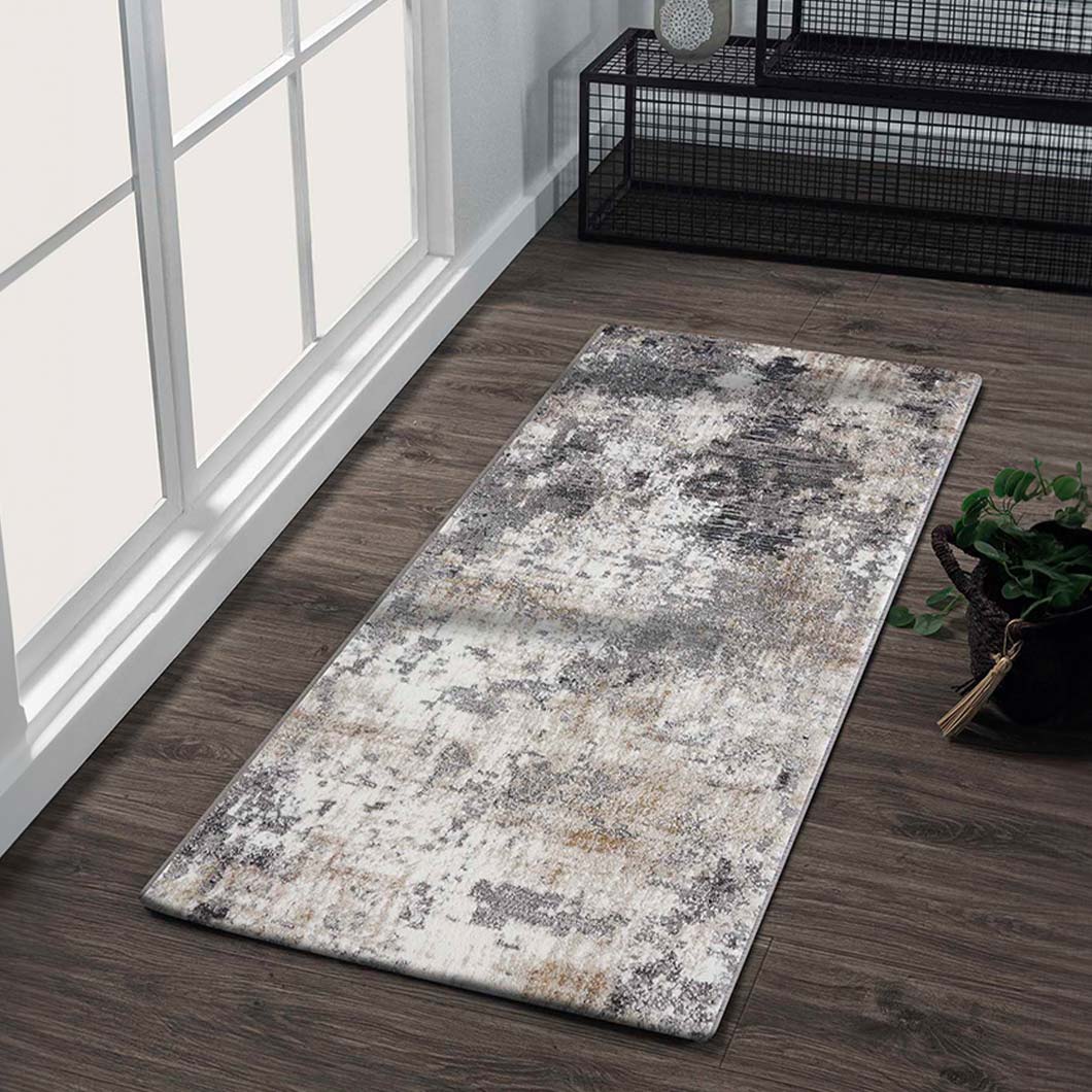 Sophisticated Abstract Bedside Grey Polypropylene Floor Runner