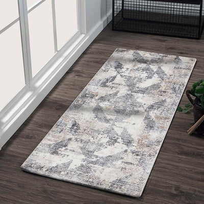 Beige Abstract Bedside Grey and Beige Polypropylene Floor Runner