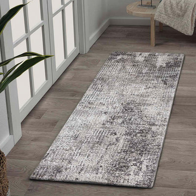 Charcoal Abstract Bedside Charcoal and Cream Polypropylene Floor Runner