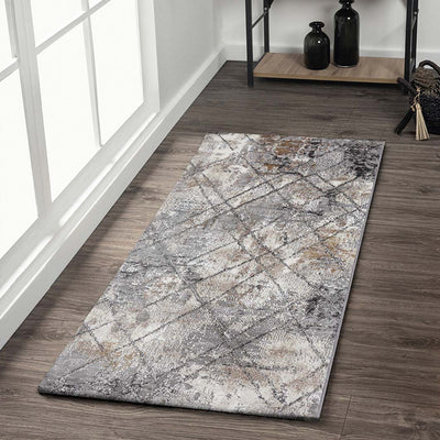 Contrasting Abstract Bedside Grey and Brown Polypropylene Floor Runner