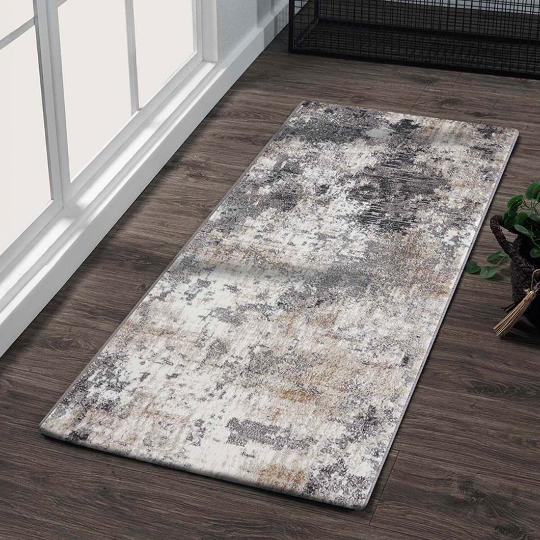 Sophisticated Abstract Bedside Grey Polypropylene Floor Runner