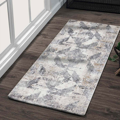 Beige Abstract Bedside Grey and Beige Polypropylene Floor Runner