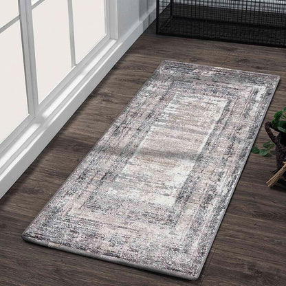 Light Abstract Bedside Grey and Light Beige Polypropylene Floor Runner