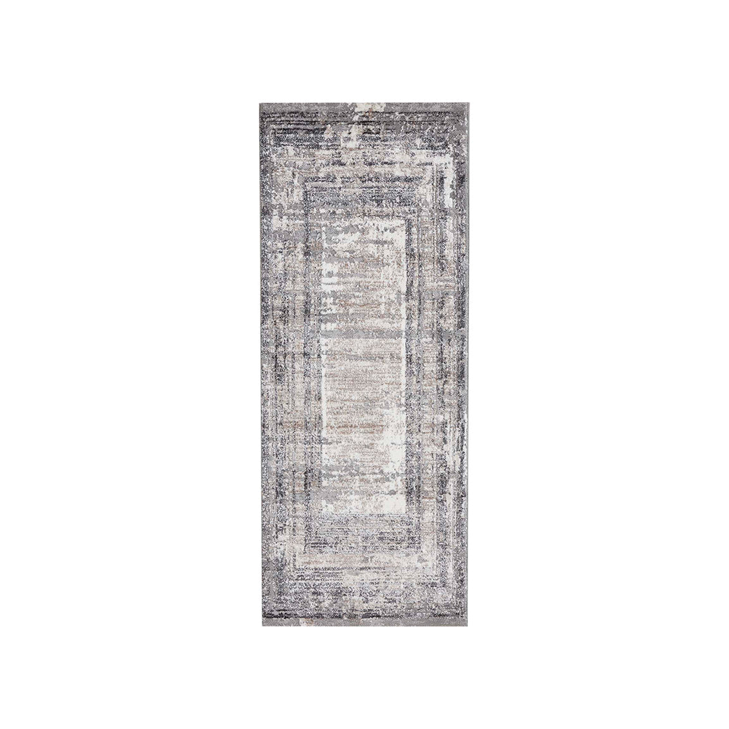 Light Abstract Bedside Grey and Light Beige Polypropylene Floor Runner