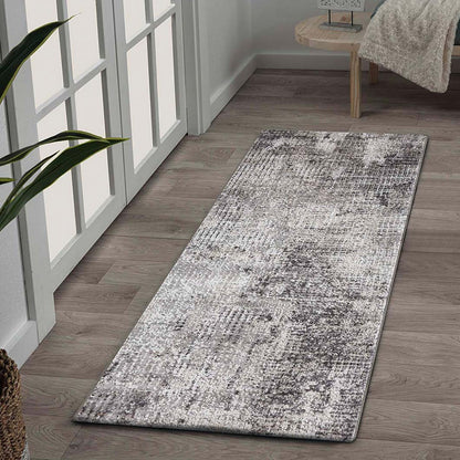 Charcoal Abstract Bedside Charcoal and Cream Polypropylene Floor Runner