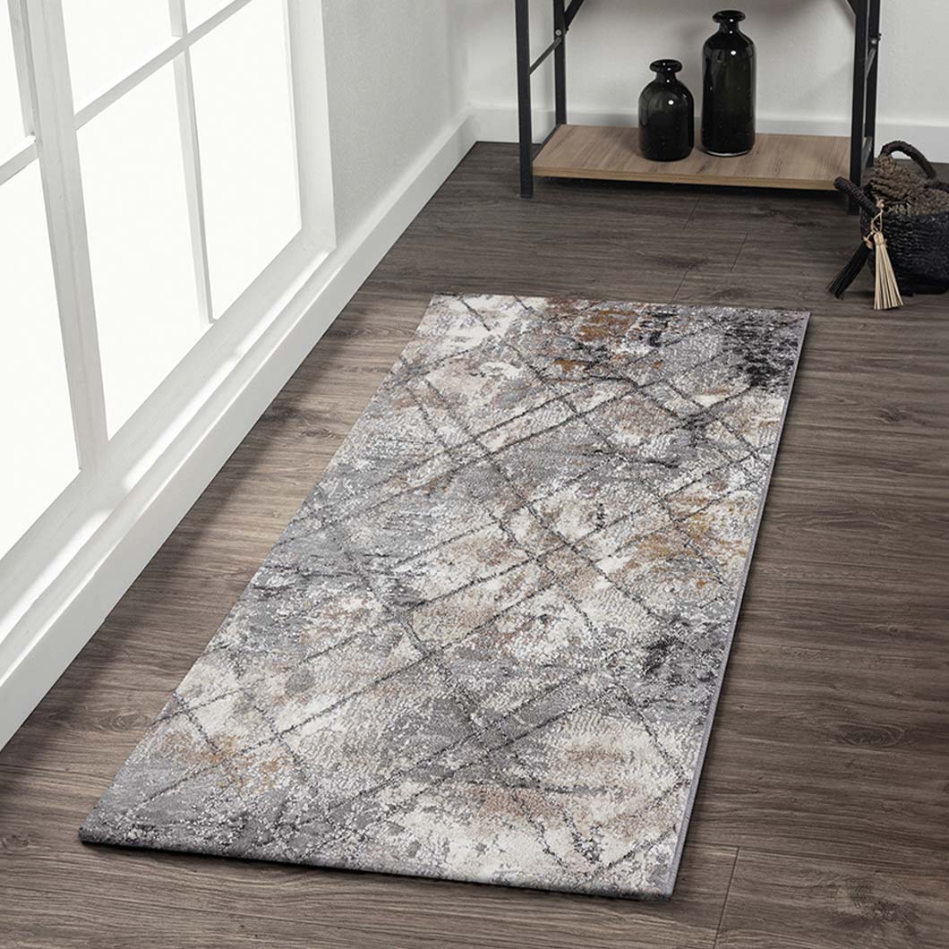 Contrasting Abstract Bedside Grey and Brown Polypropylene Floor Runner