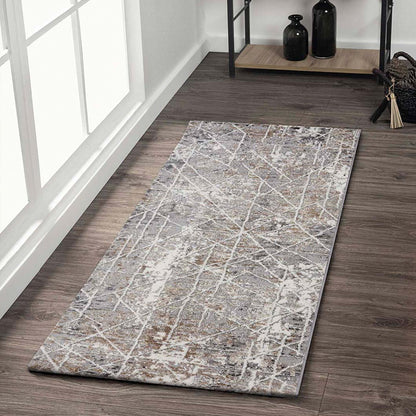 Soft Abstract Bedside Grey and Cream Polypropylene Floor Runner | 5 x 2 Feet