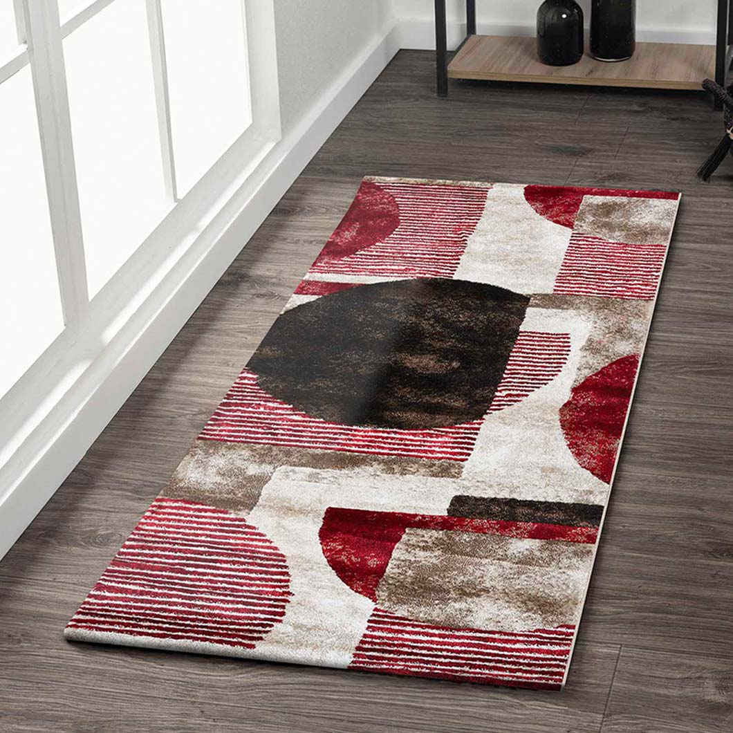 Chic Geometric Bedside Red Brown Polypropylene Floor Runner