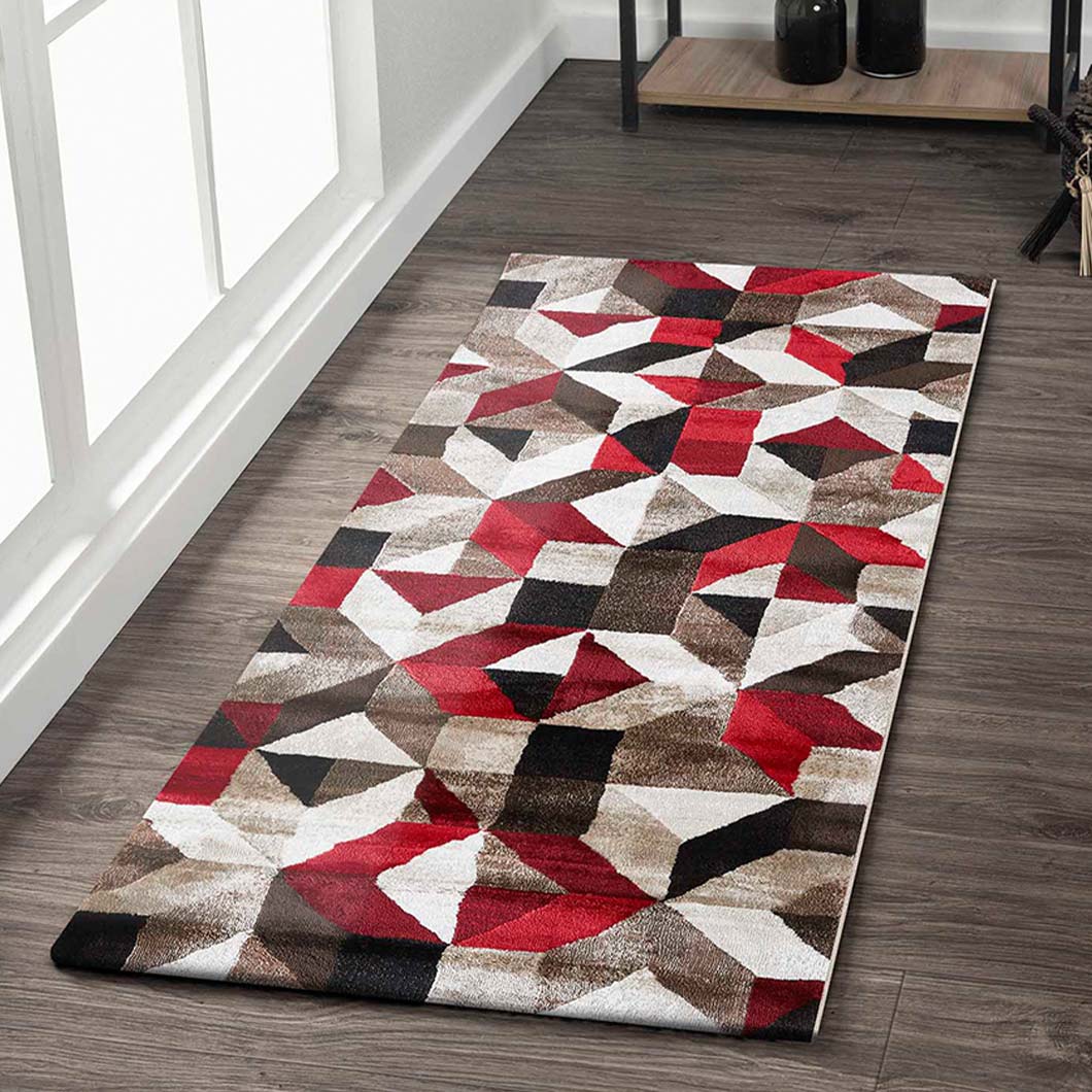 Elegant Geometric Bedside Red and Brown Polypropylene Floor Runner