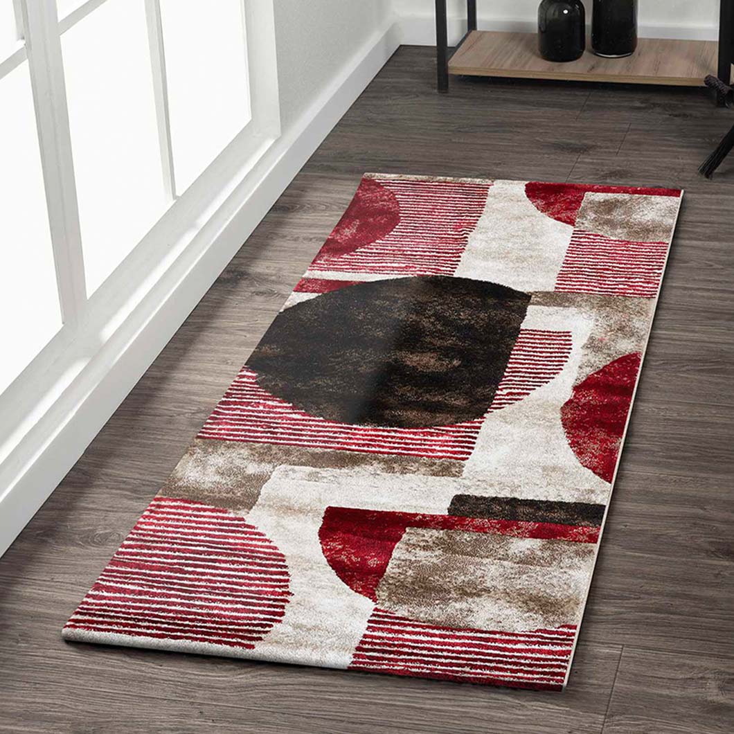 Chic Geometric Bedside Red Brown Polypropylene Floor Runner