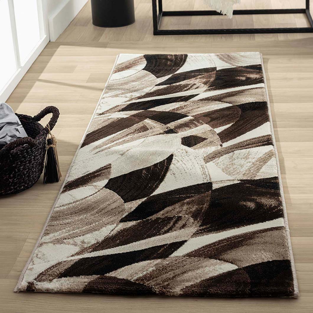 Rustic Abstract Bedside Dark Brown and Cream Polypropylene Floor Runner | 5 x 2.5 Feet