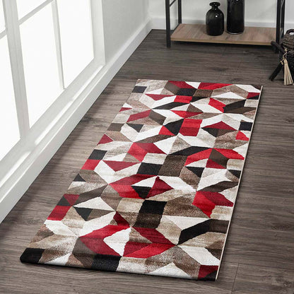 Elegant Geometric Bedside Red and Brown Polypropylene Floor Runner