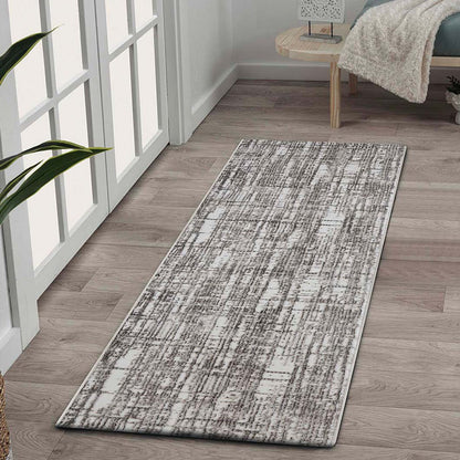 Classic Abstract Bedside White and Brown Polyester Floor Runner