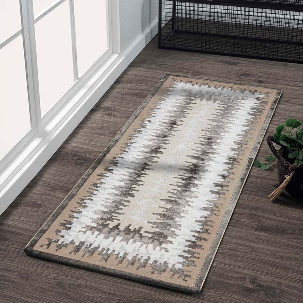 Subtle Abstract Bedside Beige and White Polyester Floor Runner