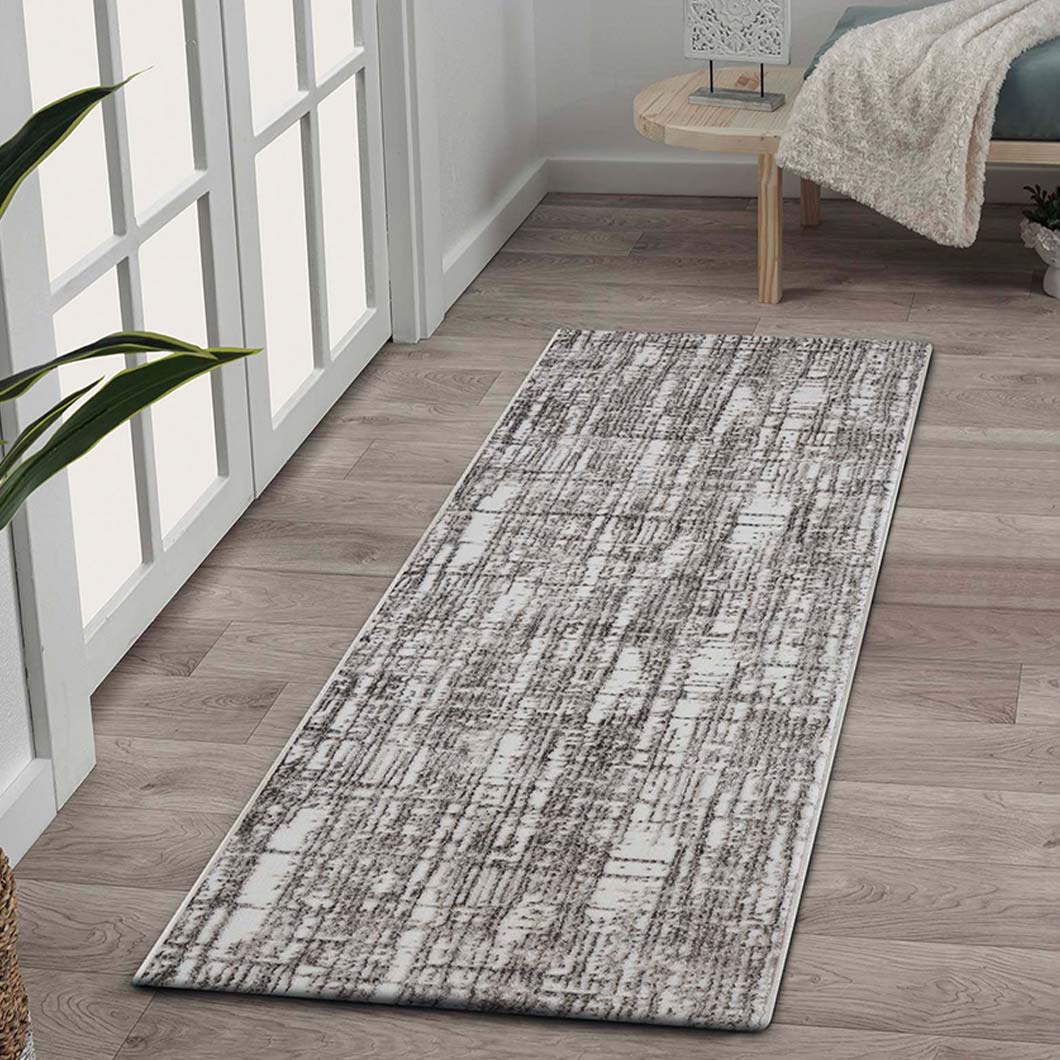 Classic Abstract Bedside White and Brown Polyester Floor Runner