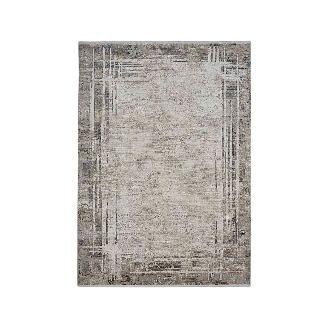 Elegant Abstract Bedside Cream and Grey Polyester Floor Runner | 5 x 2.5 Feet