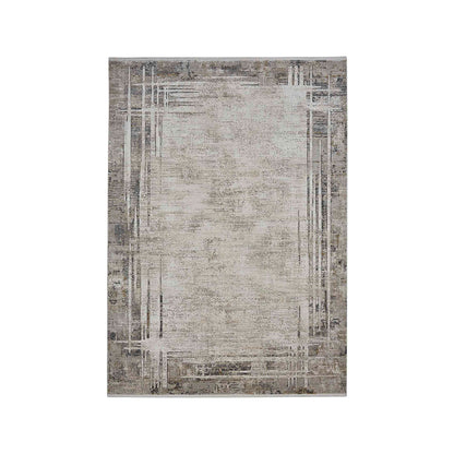 Elegant Abstract Bedside Cream and Grey Polyester Floor Runner | 5 x 2.5 Feet