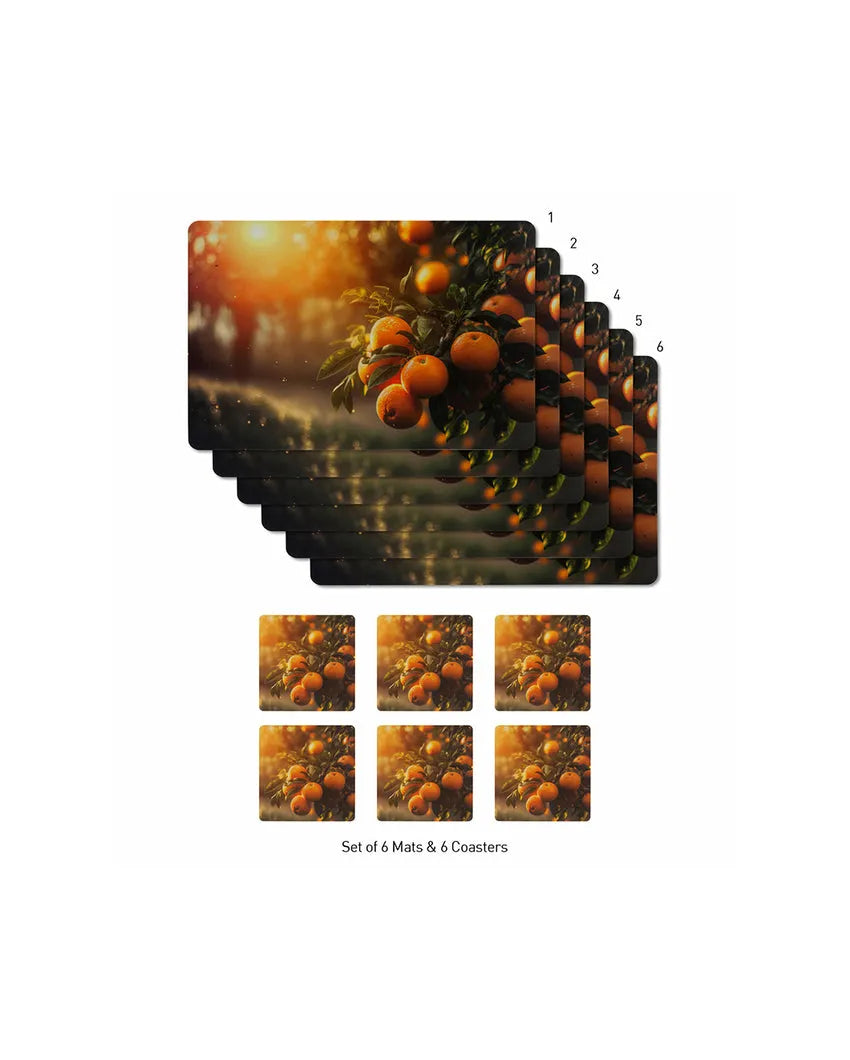 Orange Polypropylene Printed Table Placemats With Coasters | Set of 6 | 12 x 18 inches