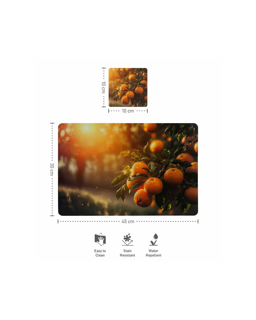 Orange Polypropylene Printed Table Placemats With Coasters | Set of 6 | 12 x 18 inches