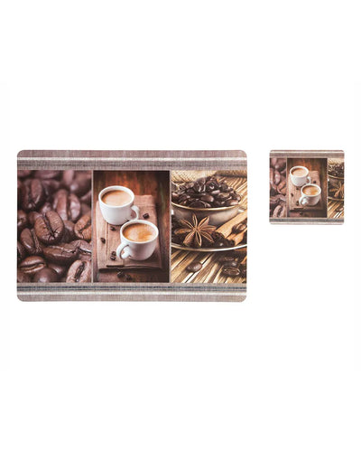 Coffee Brown Polypropylene Printed Table Placemats With Coasters | Set of 6 | 12 x 18 inches