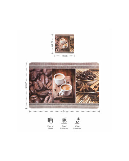 Coffee Brown Polypropylene Printed Table Placemats With Coasters | Set of 6 | 12 x 18 inches