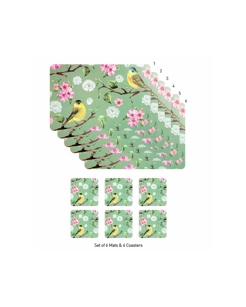 Green Polypropylene Printed Table Placemats With Coasters | 12 Pieces